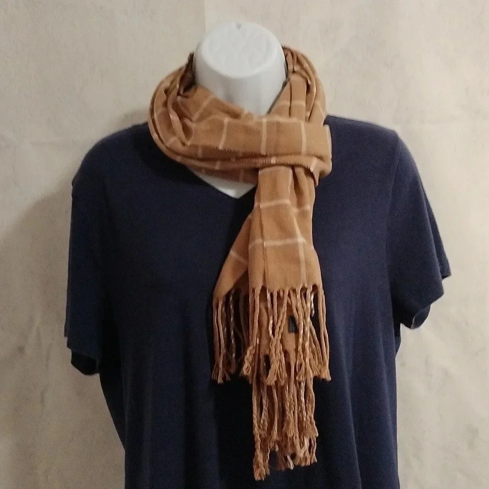 Lands End Unisex Rectangle Oblong Tassel Multifunctional Scarf Khaki Tan White